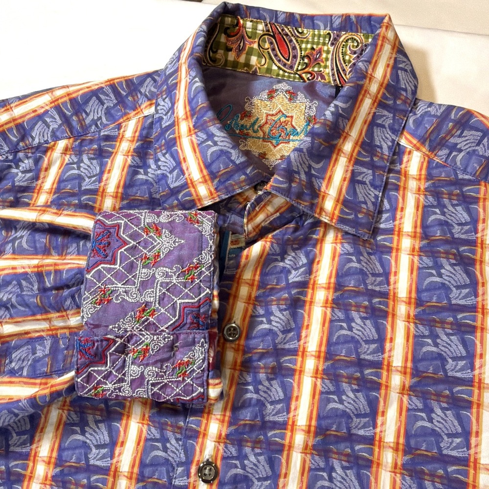 Robert Graham Shirt Mens XL Purple Plaid Paisley Flip Cuff Button Up Designer